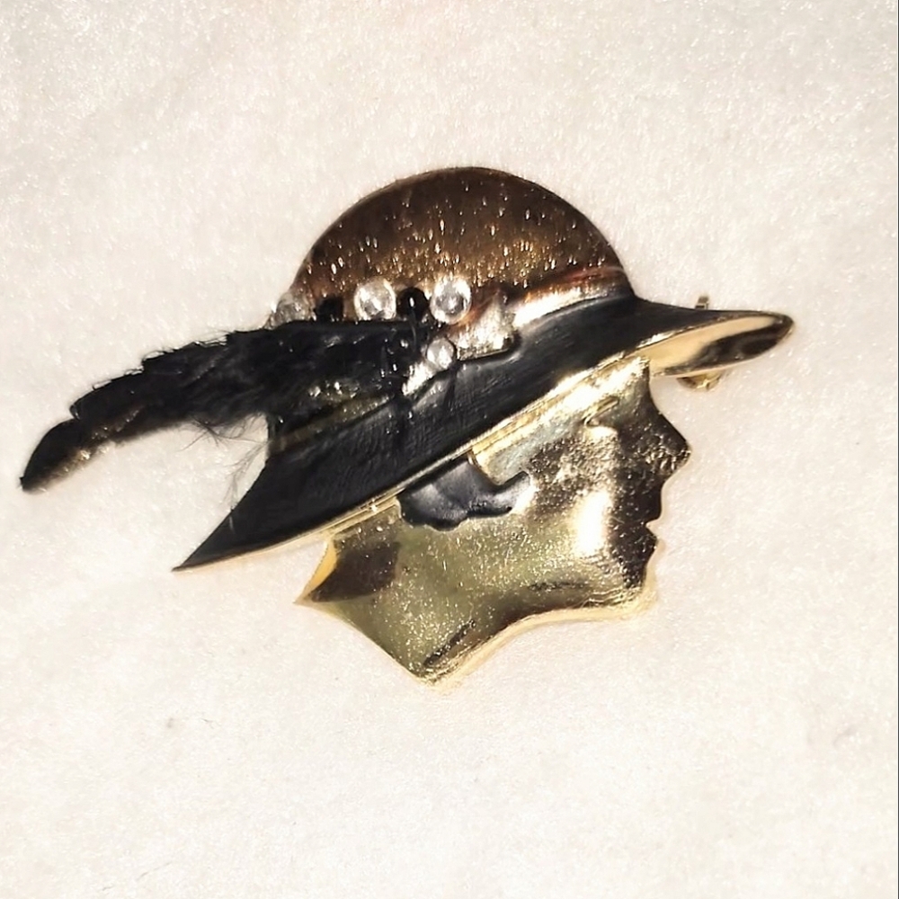 Gold and Black Feathered & Jeweled Hat Brooch